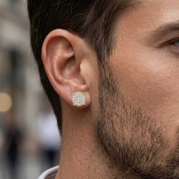 Maverick moissanite stud earrings worn on male model's ear, 1ctw 18K gold plated sterling silver.