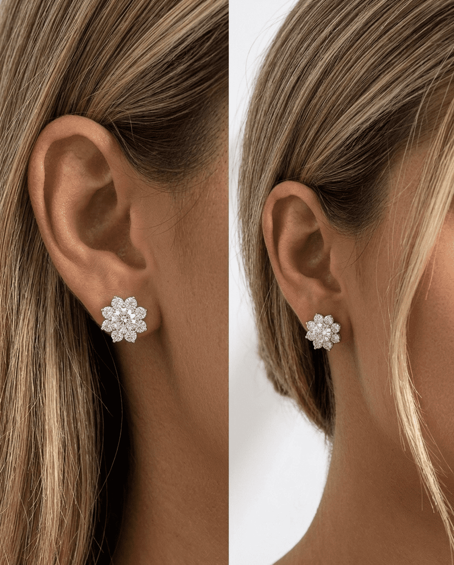 Lifestyle shot of sunflower moissanite earrings 3.2ctw worn, sterling silver everyday fine jewellery