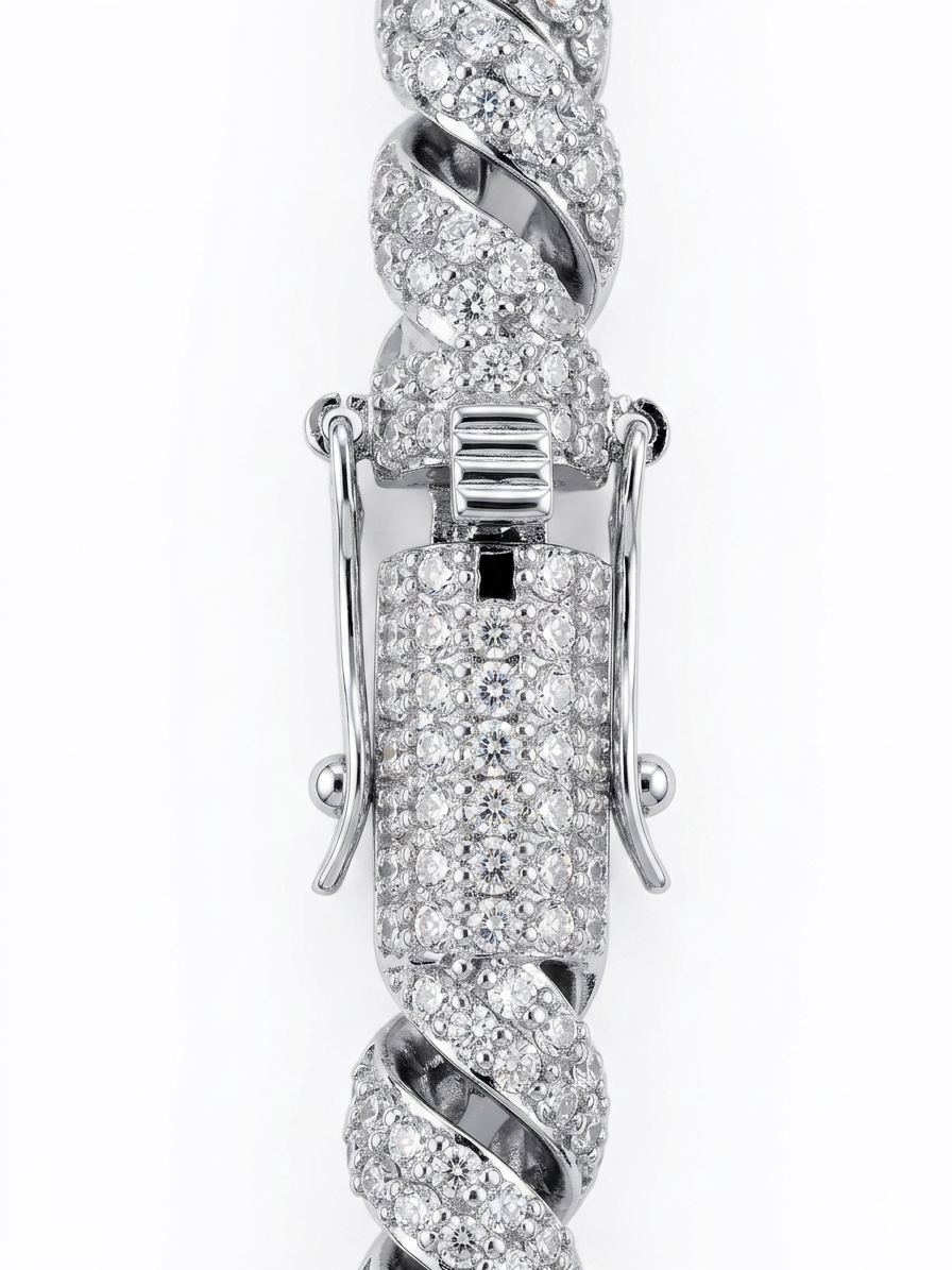 Silver moissanite rope necklace clasp show case with diamond accents on a white background