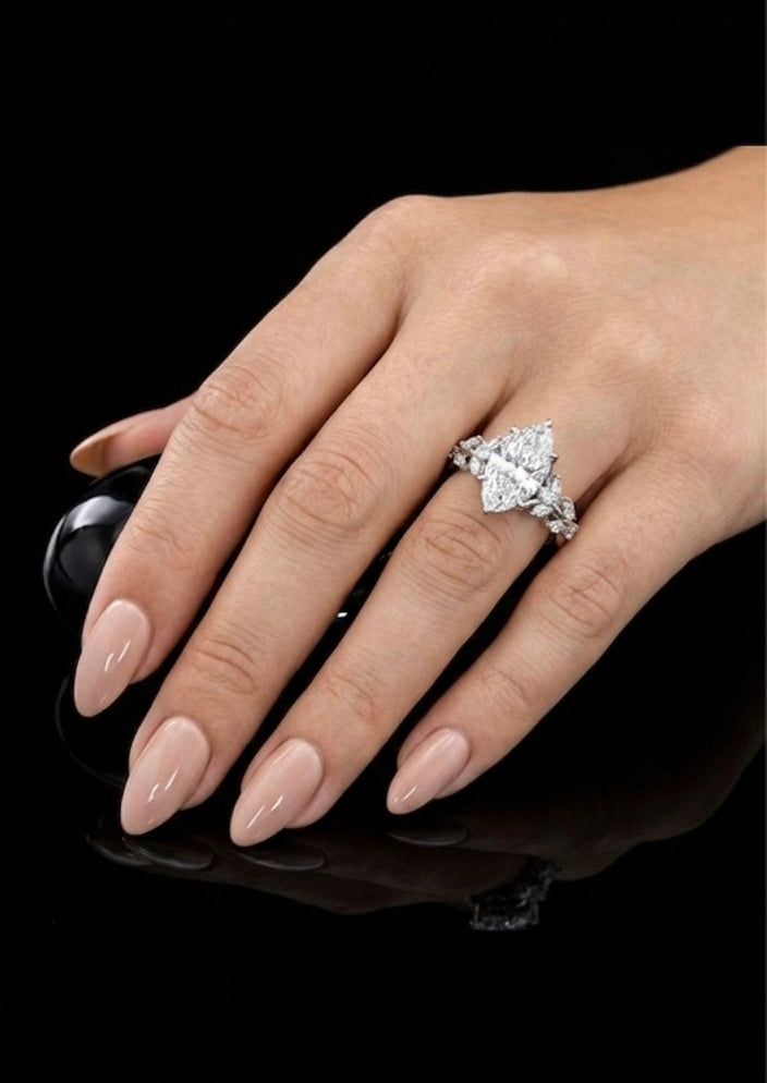 Sylvane Verdant moissanite ring worn on finger, 3.6ctw fully hand set in 925 sterling silver lifestyle shot.