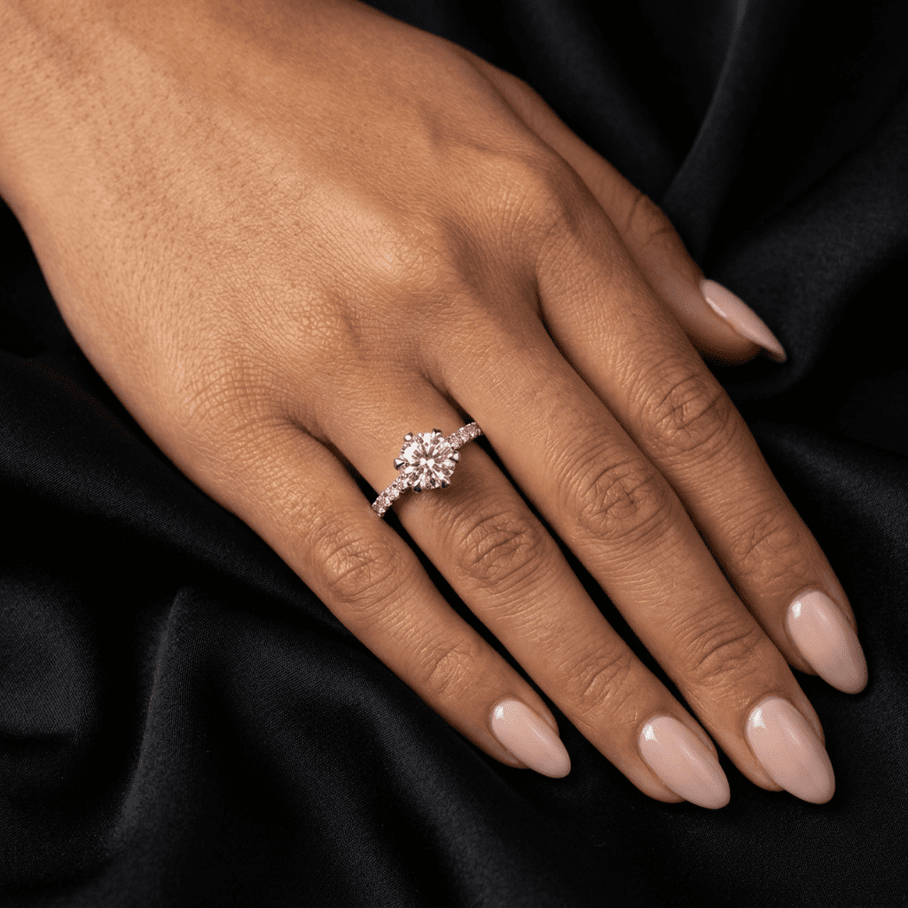 Hand wearing a diamond ring on a black background