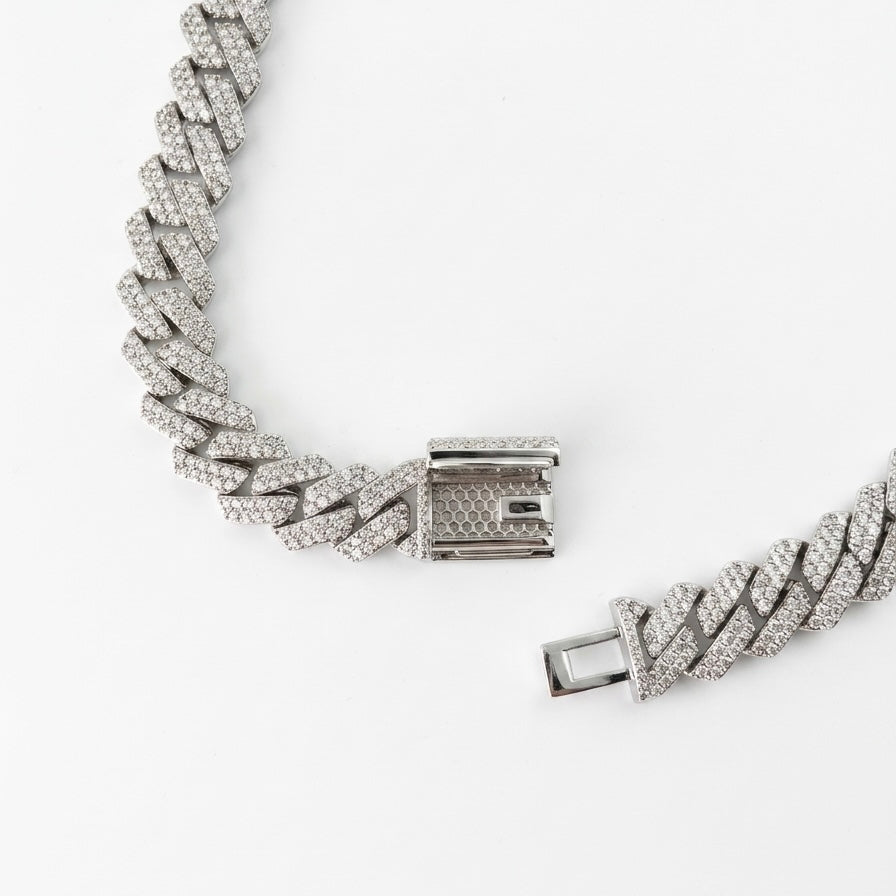 Silver bracelet with moissanite stones show case the clasp box on a white background