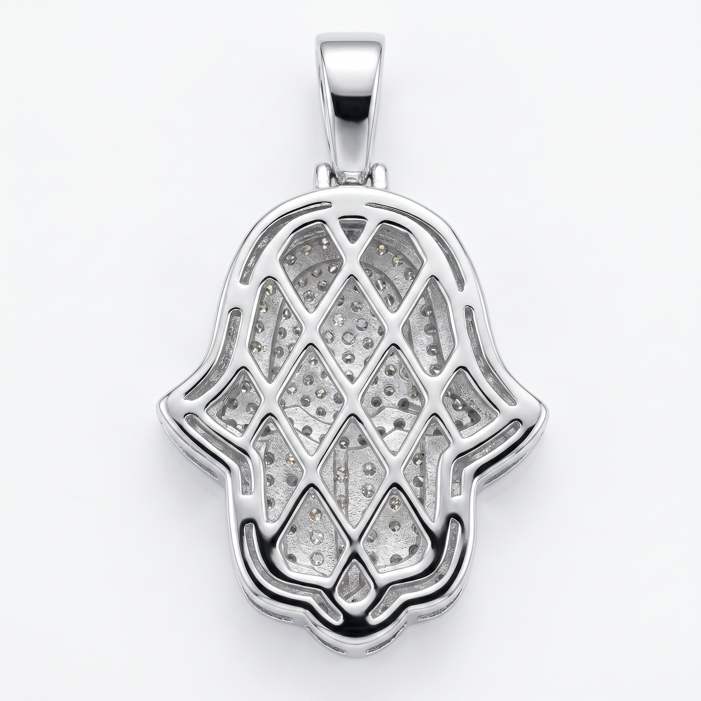 Silver Hamsa pendant with embedded moissanite on a white background