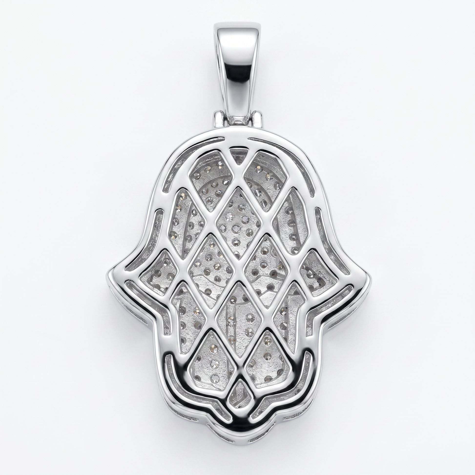 Silver Hamsa pendant with embedded moissanite on a white background
