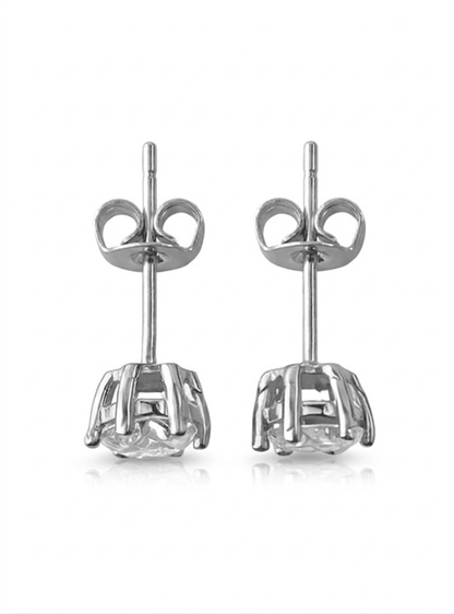 Pair of silver moissanite stud earrings with clear gemstones on a white background