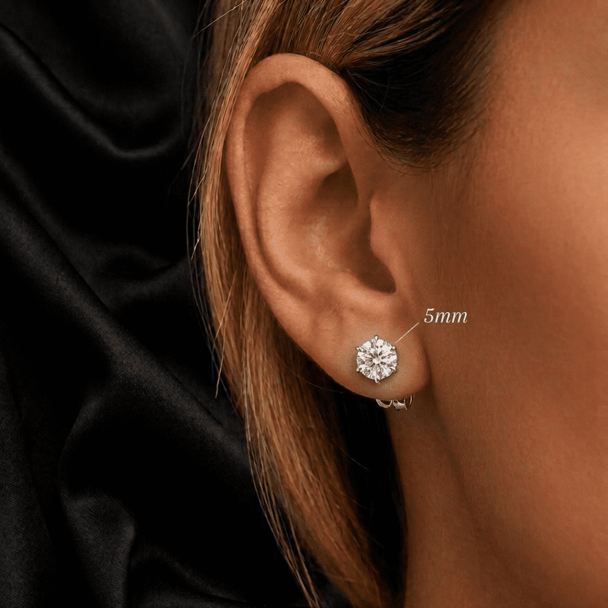 Close-up of an ear wearing a moissanite earring with a black background