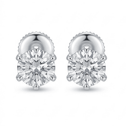 Pair of silver stud earrings with clear gemstones on a white background