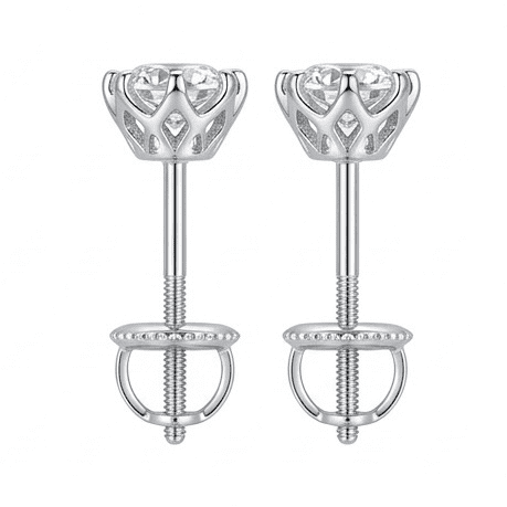 Pair of silver stud earrings with clear moissanite on a white background