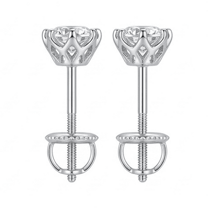 Pair of silver stud earrings with clear moissanite on a white background