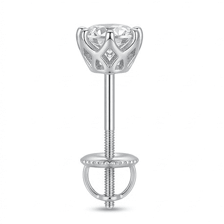 Silver moissanite earring with a clear gemstone on a white background