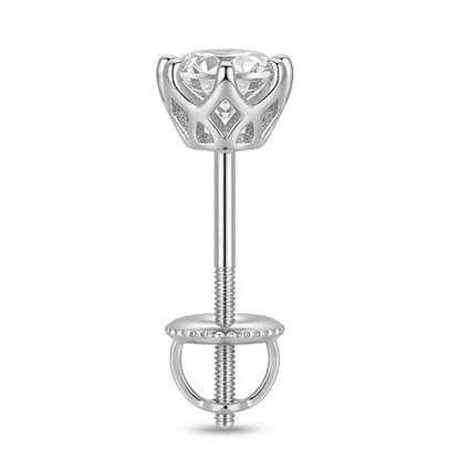 Silver moissanite earring with a clear gemstone on a white background
