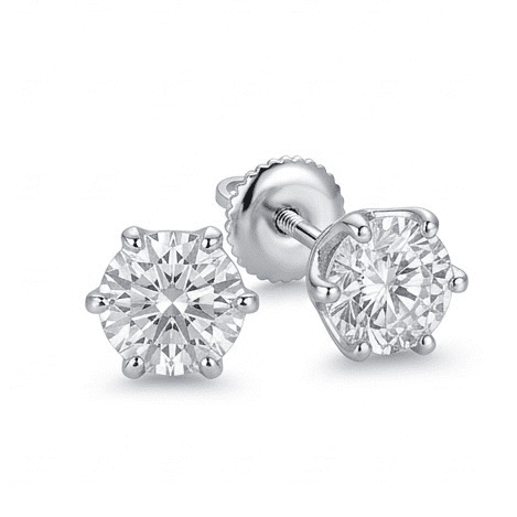 Pair of silver stud moissniate earrings with clear gemstones on a white background
