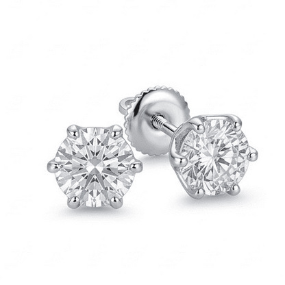Pair of silver stud moissniate earrings with clear gemstones on a white background