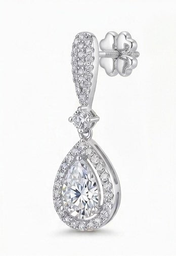 45-degree view of Duchess pear moissanite drop earrings, 3.6ctw hand set in 925 sterling silver.
