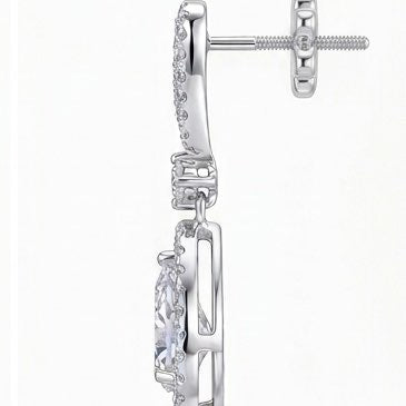 Side profile of Duchess pear moissanite drop earrings, 1ct pear stone in 925 sterling silver.