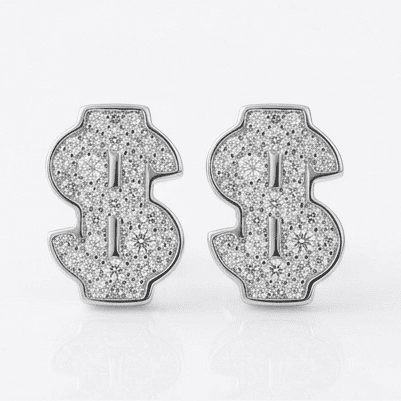 Dollar sign earrings with moissanite stones on a white background