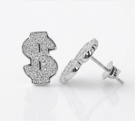 Silver dollar sign earrings on a white background
