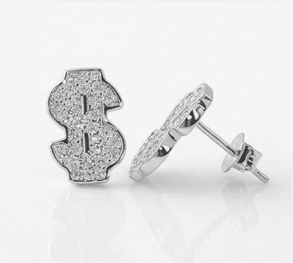 Silver dollar sign earrings on a white background