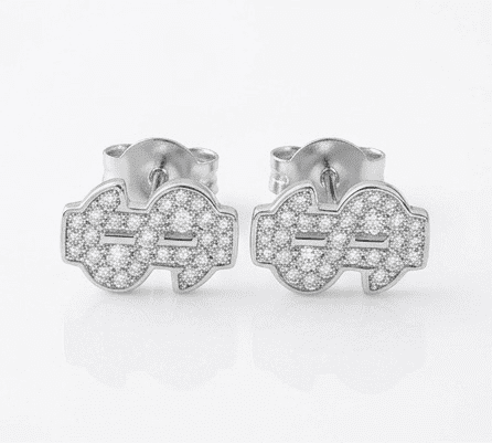 Pair of silver earrings with dollar shape moissanite accents on a white background