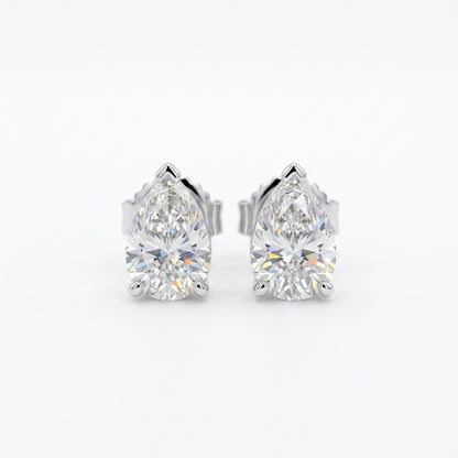 Pair of pear-shaped diamond stud earrings front view on a white background