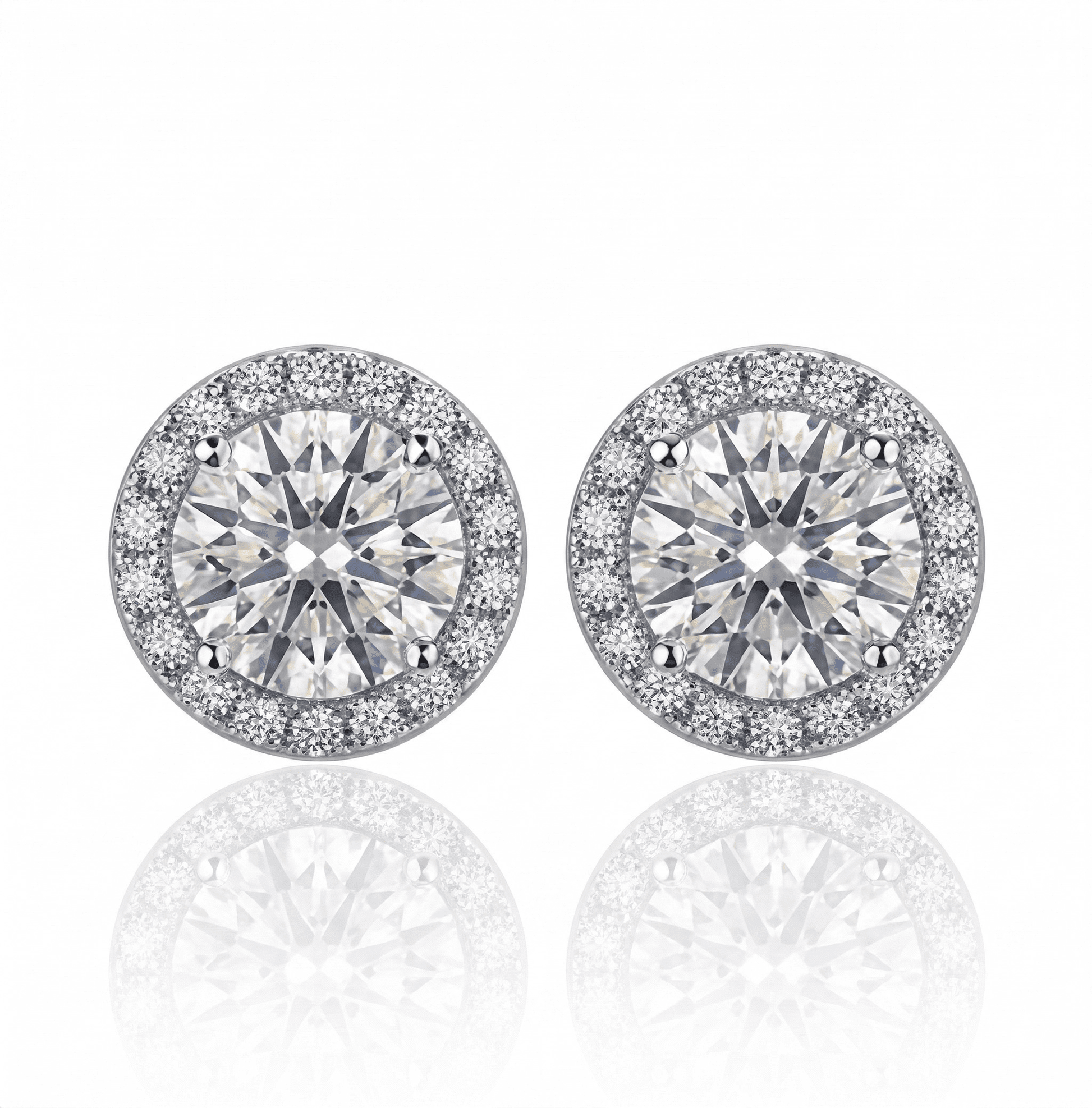 A pair of halo moissanite stud earrings, 1ct main stone 2.6ctw total, in 925 sterling silver.