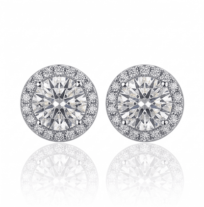 A pair of halo moissanite stud earrings, 1ct main stone 2.6ctw total, in 925 sterling silver.