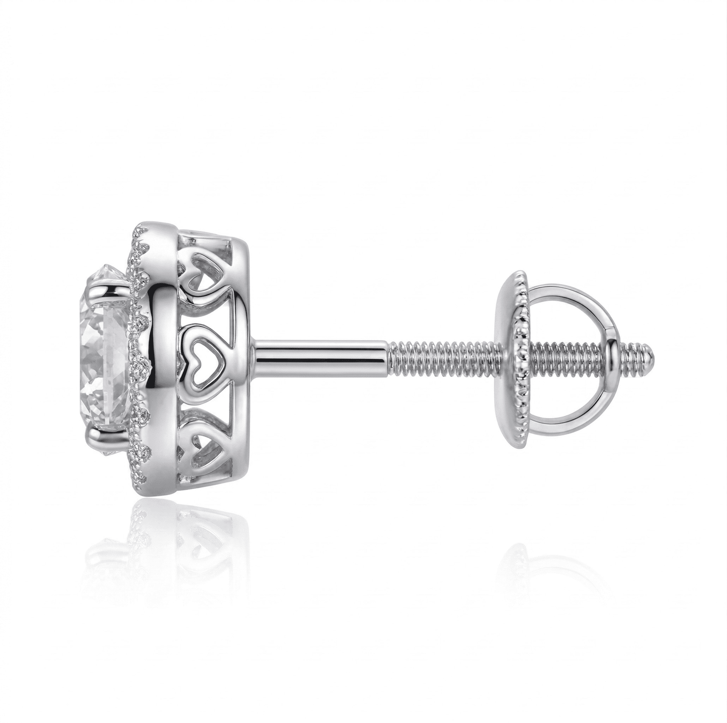Side profile of halo moissanite stud earrings, 1ct centre stone set in 925 sterling silver.