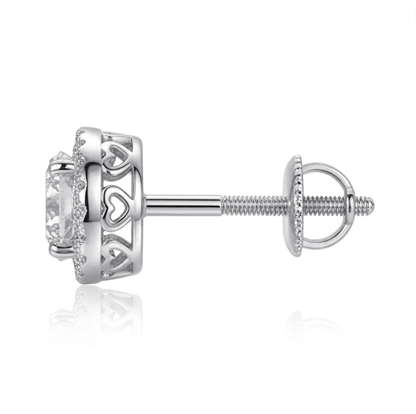 Side profile of halo moissanite stud earrings, 1ct centre stone set in 925 sterling silver.