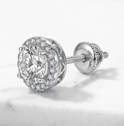 45-degree view of halo moissanite stud earrings showing brilliant stone depth in sterling silver.