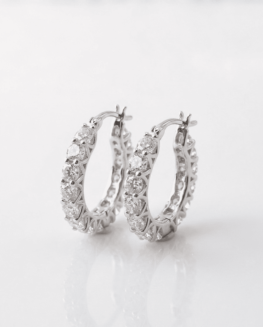 45-degree front view of Stellara moissanite hoop earrings, 3ctw fully hand set in 925 sterling silver.