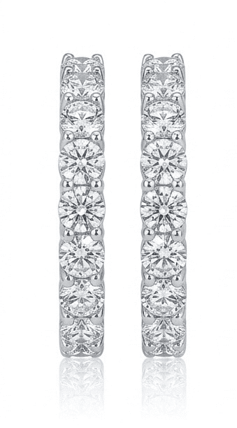 Front view of Stellara moissanite hoop earrings, 3ctw fully hand set in 925 sterling silver on white background.