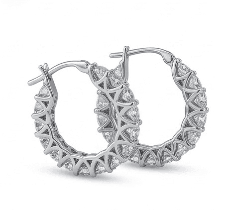 Side view of Stellara moissanite hoop earrings, 3ctw fully hand set in 925 sterling silver.