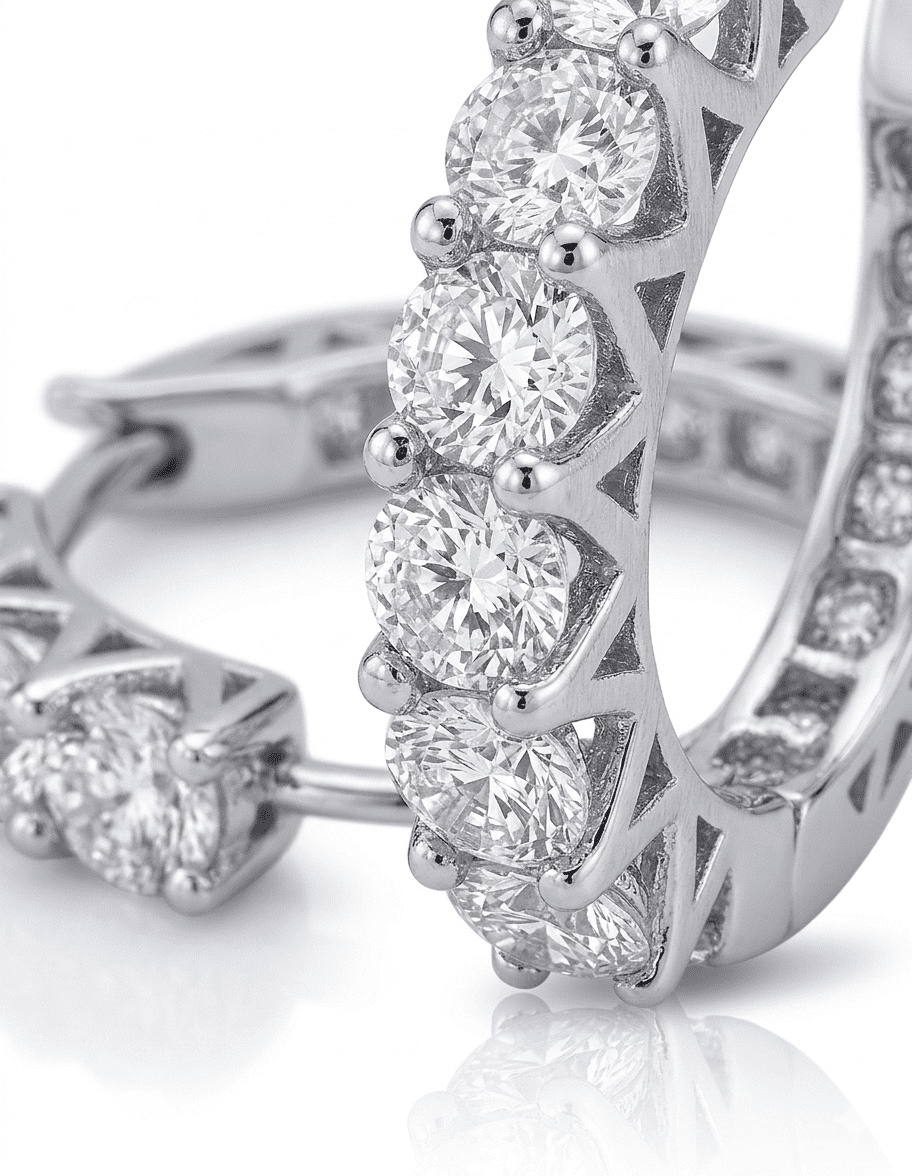 Close-up detail of Stellara moissanite hoop earrings showcasing brilliant 3ctw hand set stones in sterling silver.