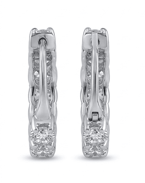 Back view of Stellara moissanite hoop earrings showing secure clasp setting in 925 sterling silver.