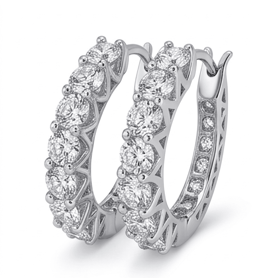 45-degree view of Stellara moissanite hoop earrings, 3ctw fully hand set in polished 925 sterling silver.