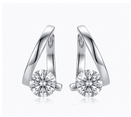 A pair of Elysian moissanite earrings, 2ctw hand set in 925 sterling silver, front view on white background.