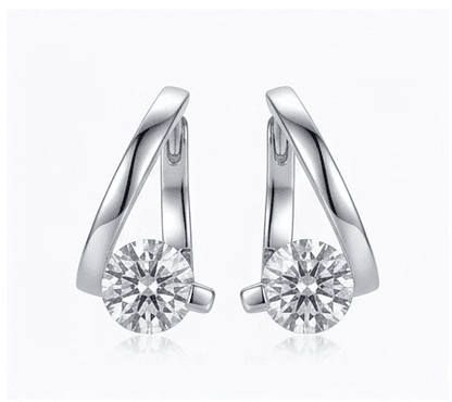 A pair of Elysian moissanite earrings, 2ctw hand set in 925 sterling silver, front view on white background.