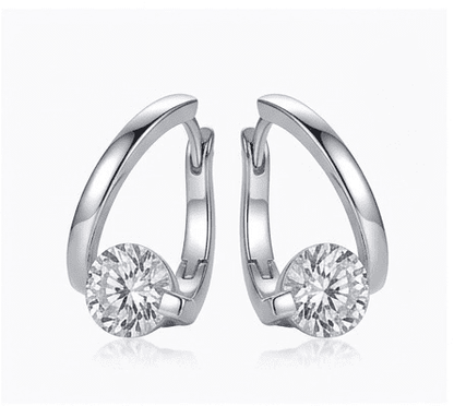 45-degree view of Elysian moissanite earrings, 2ctw hand set in polished 925 sterling silver.