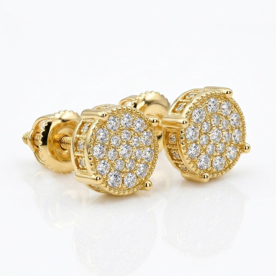 45-degree view of Maverick moissanite stud earrings, 1ctw hand set in 18K yellow gold plated sterling silver.