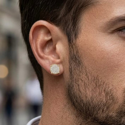 Maverick moissanite stud earrings worn on male model's ear, 1ctw 18K gold plated sterling silver.