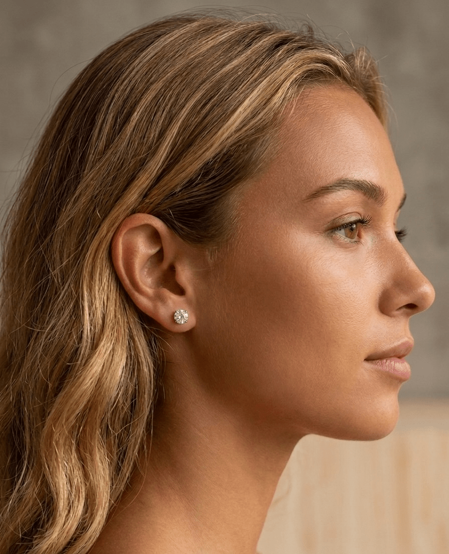 Close-up of a woman's profile with a focus on her earring.