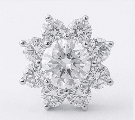 Close-up of sunflower moissanite earring 3.2ctw, VVS clarity stone detail in 925 sterling silver