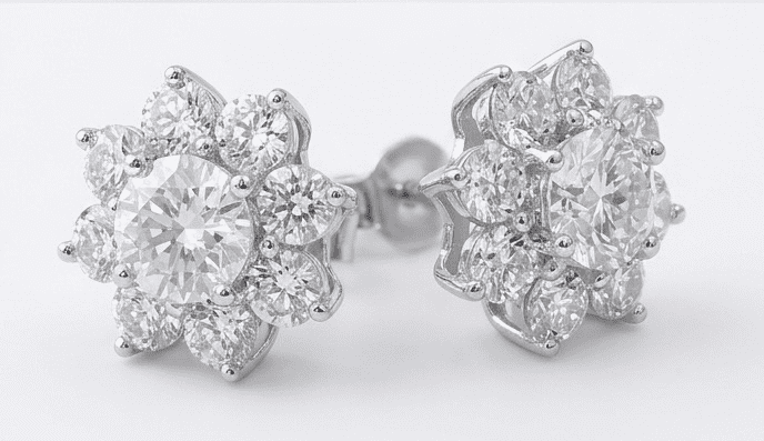 Close-up detail of sunflower moissanite earring 3.2ctw, brilliant D-E colour stone in silver setting