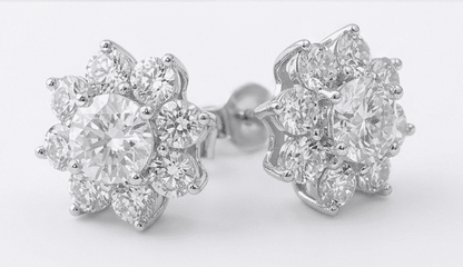 Close-up detail of sunflower moissanite earring 3.2ctw, brilliant D-E colour stone in silver setting
