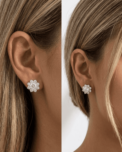 Lifestyle shot of sunflower moissanite earrings 3.2ctw worn, sterling silver everyday fine jewellery
