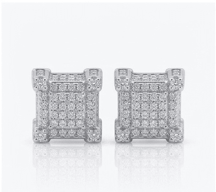 Pair of moissanite square earrings on a white background