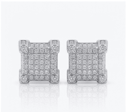 Pair of moissanite square earrings on a white background
