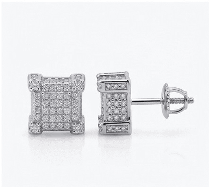 Silver square-shaped earrings with clear stones on a white background