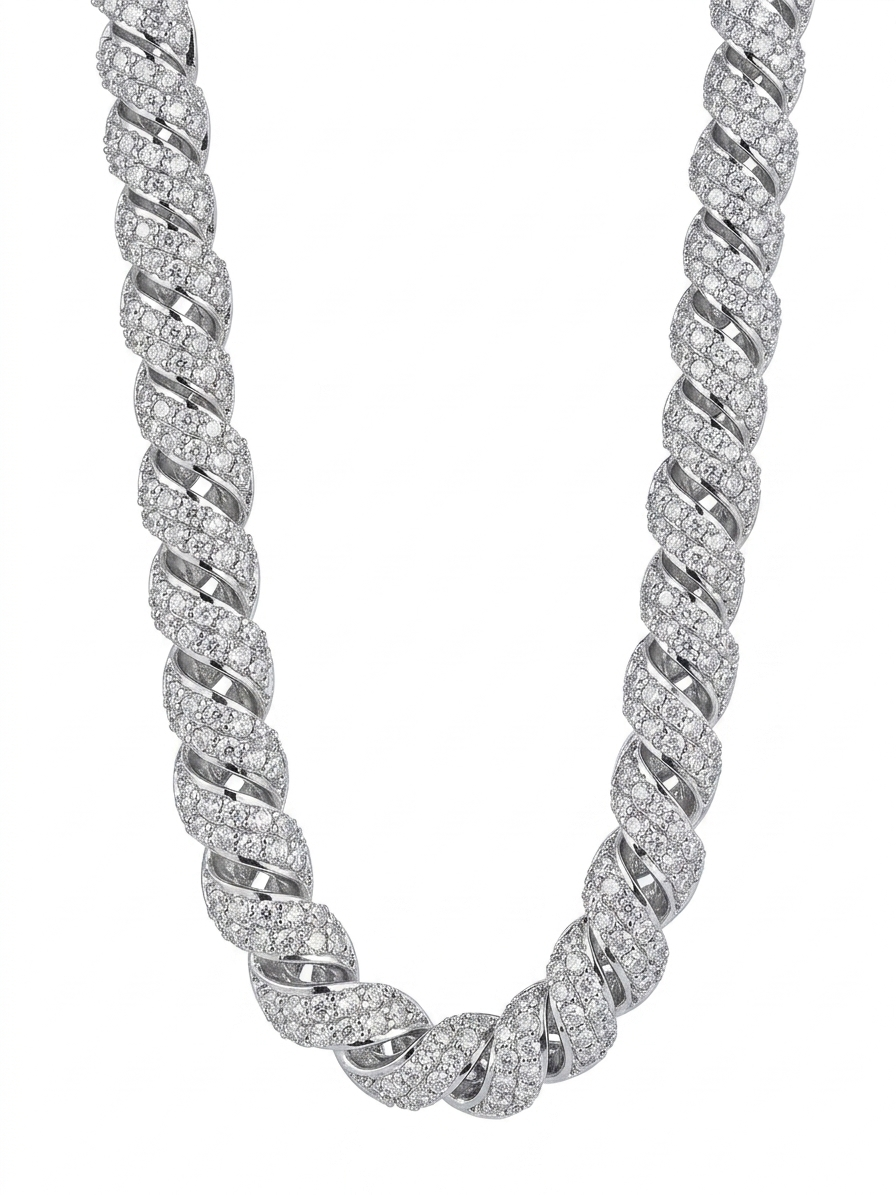 Silver braided necklace on a white background