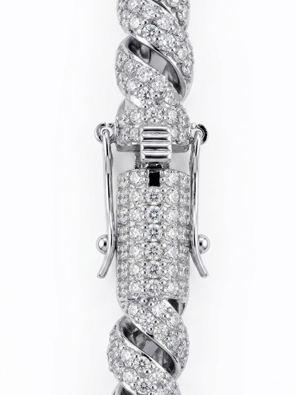 Silver moissanite rope necklace clasp show case with diamond accents on a white background